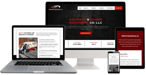 A display of an industrial equipment sales and service website on a laptop, desktop computer, tablet, and mobile phone.