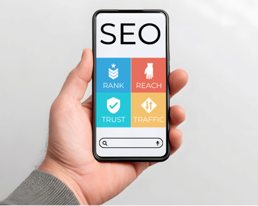 A cell phone displaying text and images. SEO. Rank, reach, trust, traffic. A search bar.